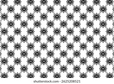 unique pattern fabric four-petal flowers and vines black with white background, fabric flower pattern,and paper pattern, seamless pattern vector. background. batik motive, or wallpaper
