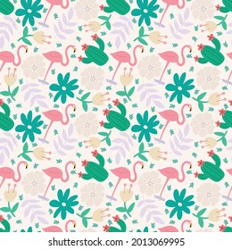 patrón único de flamingo lindos animales y cactus de hojas dibujo a mano con iconos y elementos de diseño