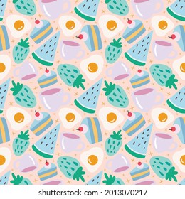 unique pattern of food and cup hand drawing with icons and design elements