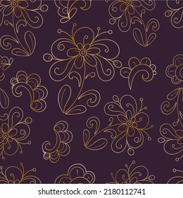 A unique pattern with golden flowers on a purple background. Printing on fabric, flyers, wallpaper. Vector.