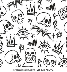 A unique pattern showcases black and white drawings of skulls eyes and punk elements. The designs reflect a bold edgy aesthetic suitable for various artistic projects.