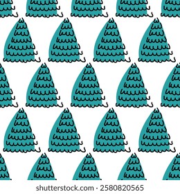 Unique pattern of teal trees with wavy outlines on a white background