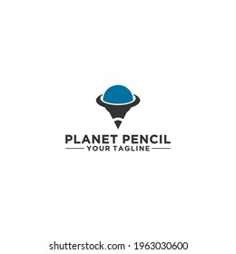 logotipo único del planeta de lápiz que combina planeta y lápiz