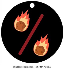 Unique percent icon with blazing meteors on round black tag with cut-out hole. Icon for hot discounts and sales, inspired by space elements. Isolated, colorful. Perfect for retail, seasonal promotions