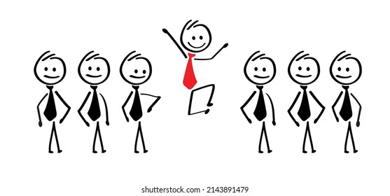 Unique person in the crowd. Domino effect. Business concept. Social networks. Cartoon vector stopping, falling people stickman. Standing stick figure, management, successful team leader or manager. 