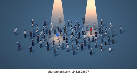 Unique person in a crowd. HR and recruitment concept. Vector illustration