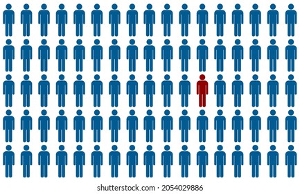 Unique person in the crowd, Red color figures among crowd. Flat design Illustrations