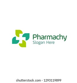 unique pharmacy logo with leaves and cross icon on negative space. eco, bio, organic, healthy 