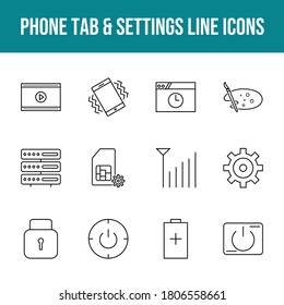 Unique phone tab & settings vector line icon set
