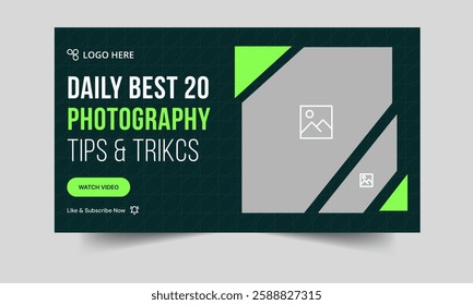 Unique photo session tips and tricks video thumbnail banner design, daily photography video techniques thumbnail cover banner design, editable vector eps 10 file format 