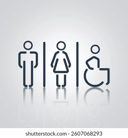 Unique pictograms of a man and a woman, unique design wheelchair, signs, icons, dark color, character