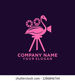 Unique pink Flamingo logo vector template for film studio logo on dark background.
