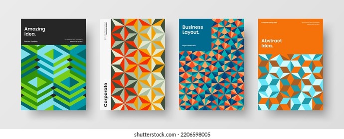Unique placard A4 vector design concept composition. Multicolored mosaic tiles presentation template set.
