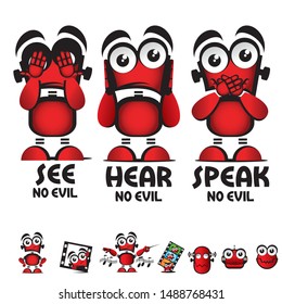 A unique and playful collection of red robot mascot characters illustrating the "See No Evil, Hear No Evil, Speak No Evil" proverb. This set features a friendly robotic character in various expressive poses, including covering its eyes, ears, and mouth. Perfect for technology blogs, social media safety campaigns, AI ethics discussions, children's educational content, and modern software mascots.