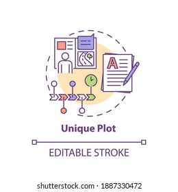 Unique plot concept icon. Creative writing elements. Creating not copied content. Different creations idea thin line illustration. Vector isolated outline RGB color drawing. Editable stroke