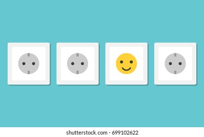 Unique positive smiling wall outlet and many ordinary gray ones. Mood and energy concept. Flat design. EPS 8 vector illustration, no transparency, no gradients