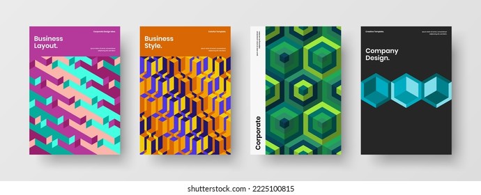 Unique postcard A4 design vector template bundle. Vivid geometric pattern leaflet concept set.