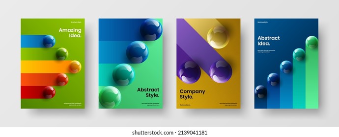 Unique postcard design vector concept set. Premium 3D balls book cover layout composition.