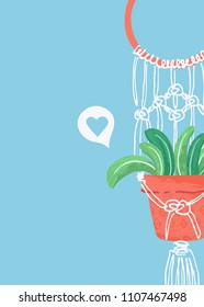 Unique postcard or print design of a macrame plant hanger. Vector illustration hand drawn with ink. 