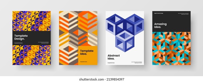 Unique poster A4 design vector template bundle. Isolated mosaic pattern annual report illustration collection.