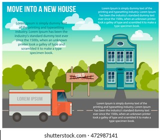 Unique poster or banner about moving to a new house, infographic of landing in another place. Vector illustration. Flat design. Reasons of changing home and things to do before arriving.