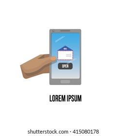 Unique poster, banner or logo hands holding cell phone. Vector illustration.