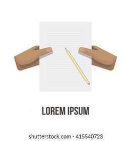 Unique poster, banner or logo hands holding paper and pencil. Vector illustration.