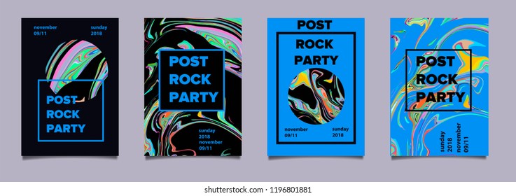 A unique poster set with avant-garde design for music or art event in bright color scheme with geometric composition of circles and marbled holographic stains.