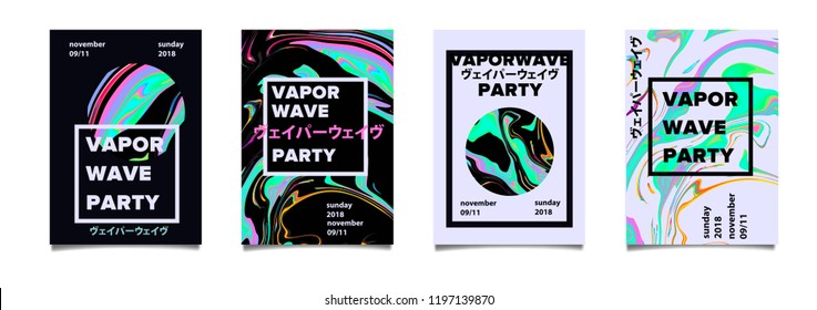 A unique poster set with avant-garde design for music or art event in bright epileptic color scheeme with holographic stains and geometric composition. Vaporwave (english/japanese translation) style.