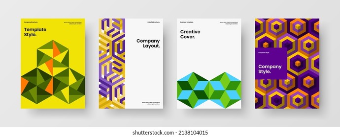 Unique poster vector design illustration set. Clean mosaic tiles pamphlet concept composition.