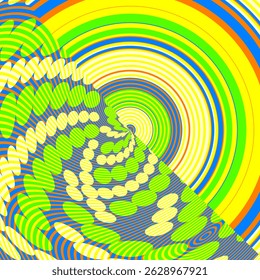 Unique Predominantly Green-Yellow Design Pattern Made Up of Half Diagonal Concentric Semicircular Area and Half Diagonal Area With Dots And Striations. Can be used for fabric, cushion, carpet, card.