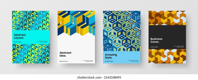 Unique presentation A4 vector design template set. Creative mosaic pattern journal cover illustration collection.
