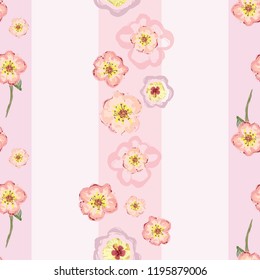 Unique, pretty hand painted pink and coral roses with yellow hibiscus. Modern striped background. Seamless vector pattern - birthdays, weddings, fashion, textiles, gift wrapping paper, stationery.