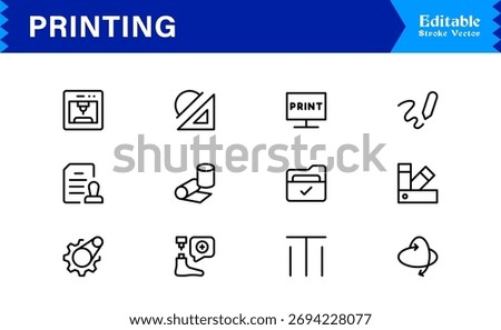 Unique Printing Industry Line Icon Collection Featuring Minimal, Professional, and Modern Vector Symbols, Perfect for Creative Projects, Clean and Simple Design Pack