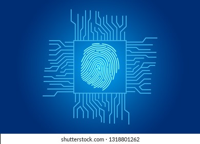 Unique and professional design of digital chip lines and the finger print on blue colored background, it is like the finger scanning for security or for unlocking, opening or for the access.