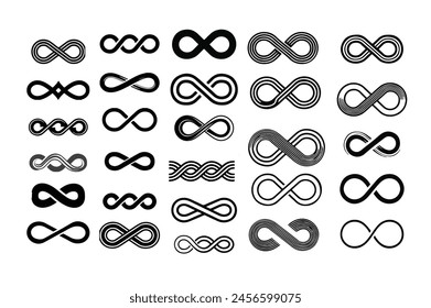 Unique and professional Set of infinity symbols set. Infinity symbol set, Infinity symbol collection. Vector logos set. Black contours of different shapes, thickness and style isolated on white.