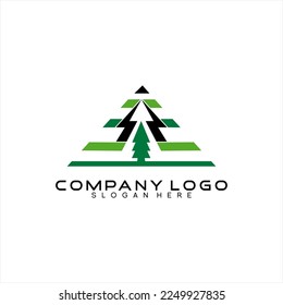 Diseño único de logotipo piramidal con perno y símbolo de árbol de abetos.