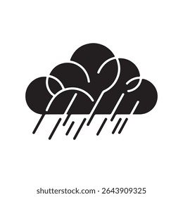 A unique rain cloud icon formed with flowing geometric curves in a minimalist style. Rendered in clean white lines on a solid black background, this abstract design represents rain, atmosphere, and na