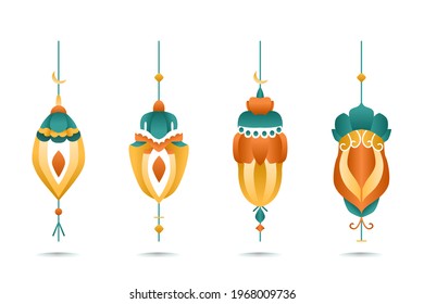 Unique ramadan lanterns in a minimalist style with orange and green colors suitable for Muslim decorations