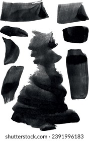 Manchas únicas de tinta negra al azar. Gráficos de puntos negros. Elementos gráficos en blanco y negro. Golpes de pintura negra sobre un fondo transparente. trazos de pintura únicos para el diseño.