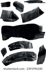 Unique random black ink stains. Black spot graphics. Black and white graphic elements. Strokes of black paint on a transparent background. Unique paint strokes for design.