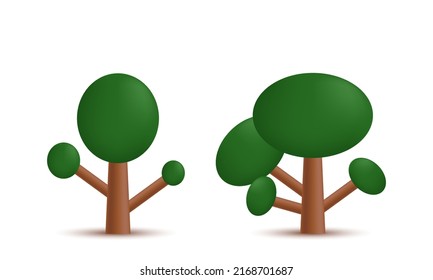 Unique Realistic Abstract Two Trees Green Brown Color 3d Isolated On Background.Trendy And Modern Vector In 3d Style.