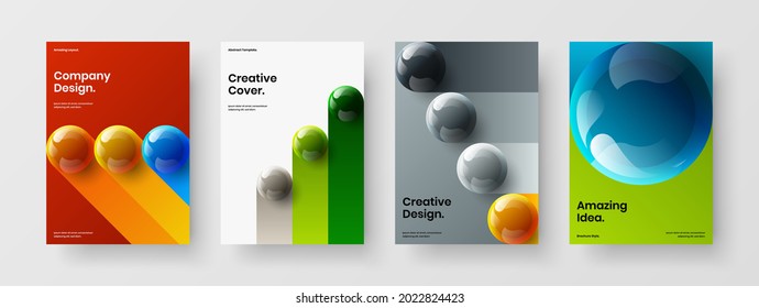 Unique realistic balls leaflet layout bundle. Multicolored front page design vector illustration composition.