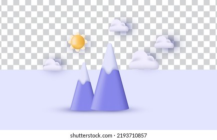 montañas de paisaje único y realista nubes de sol diseño ambiental 3d aislado en segundo plano.Vector moderno y moderno de estilo 3d.