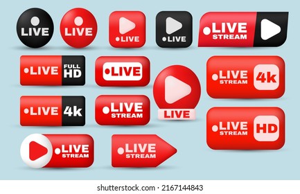 unique realistic set red social media live streaming full hd 3d icon design isolated on background .Trendy and modern vector in 3d style.