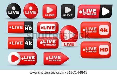 unique realistic set red social media live streaming full hd 3d icon design isolated on background .Trendy and modern vector in 3d style.