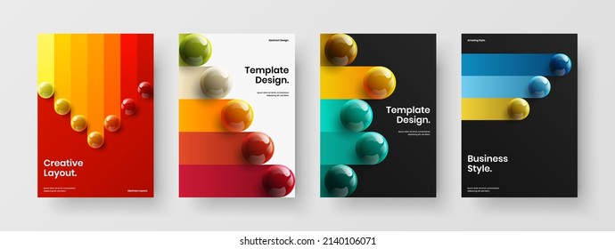Unique realistic spheres cover layout composition. Simple brochure A4 vector design template set.