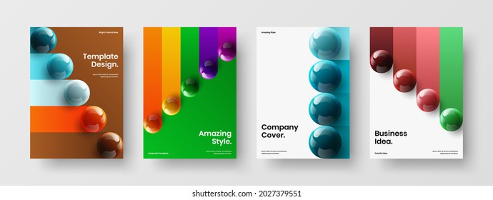 Unique realistic spheres front page concept collection. Vivid journal cover A4 vector design illustration composition.