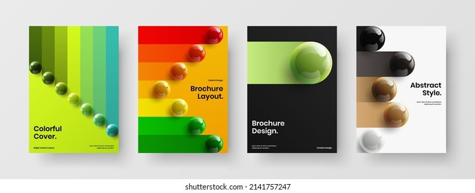 Unique realistic spheres handbill template bundle. Trendy brochure A4 vector design illustration collection.