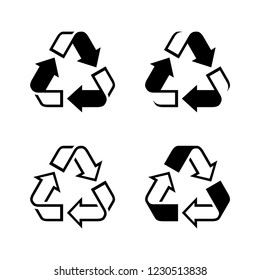 Unique recycle sign in four variations - monochrome recycling ecology vector symbol 